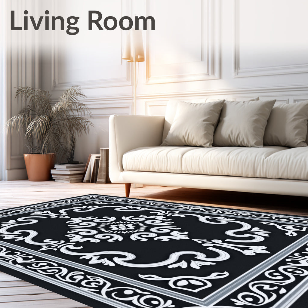 Ornate Black White Scrollwork Medallion Rug