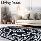 Ornate Black White Scrollwork Medallion Rug