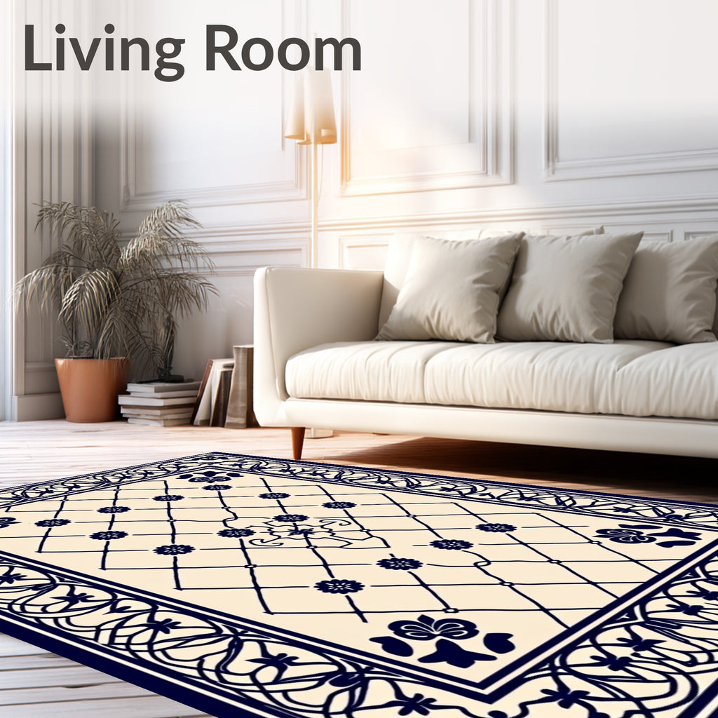 Navy Blue Floral Lattice Vine Border Rug