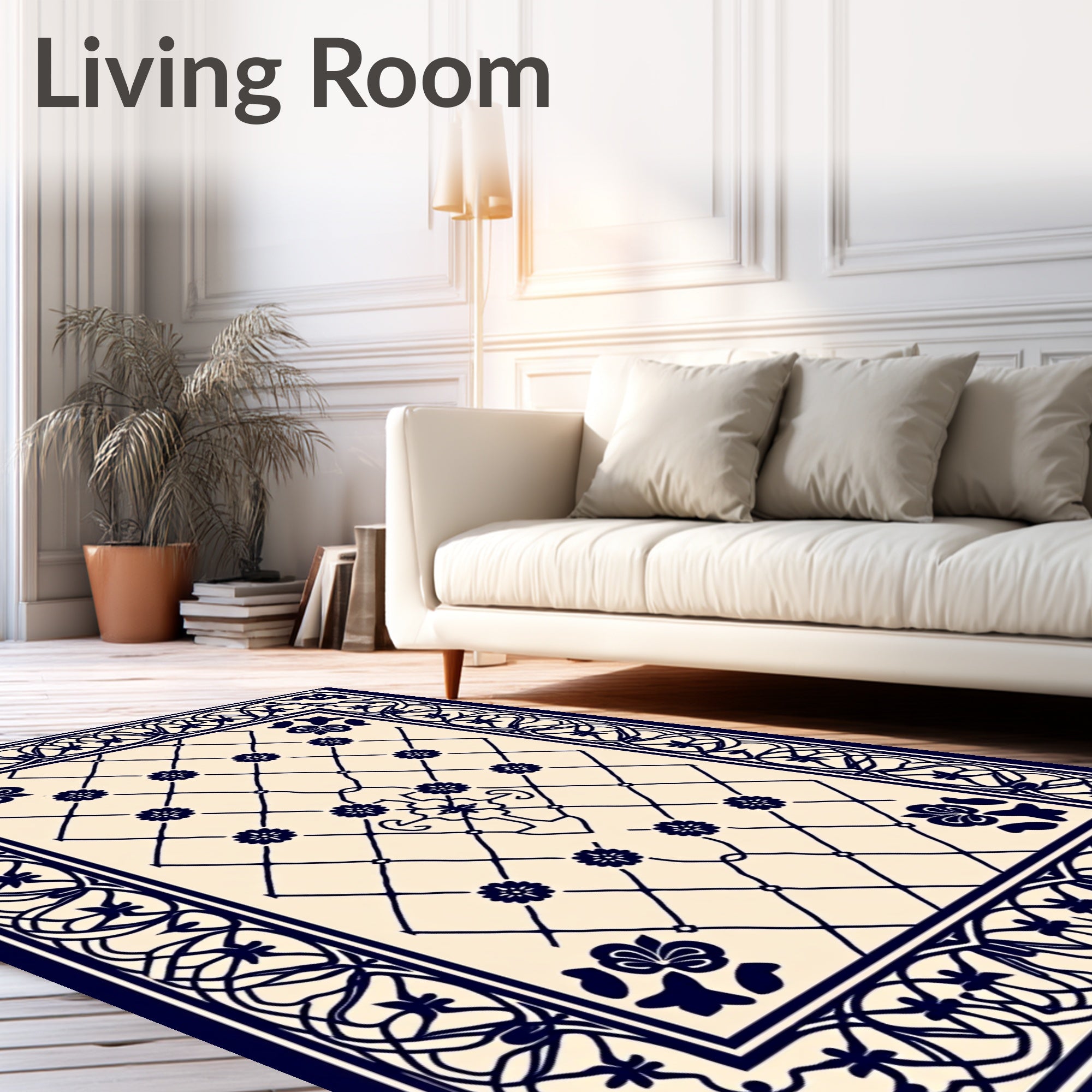 Navy Blue Floral Lattice Vine Border Rug