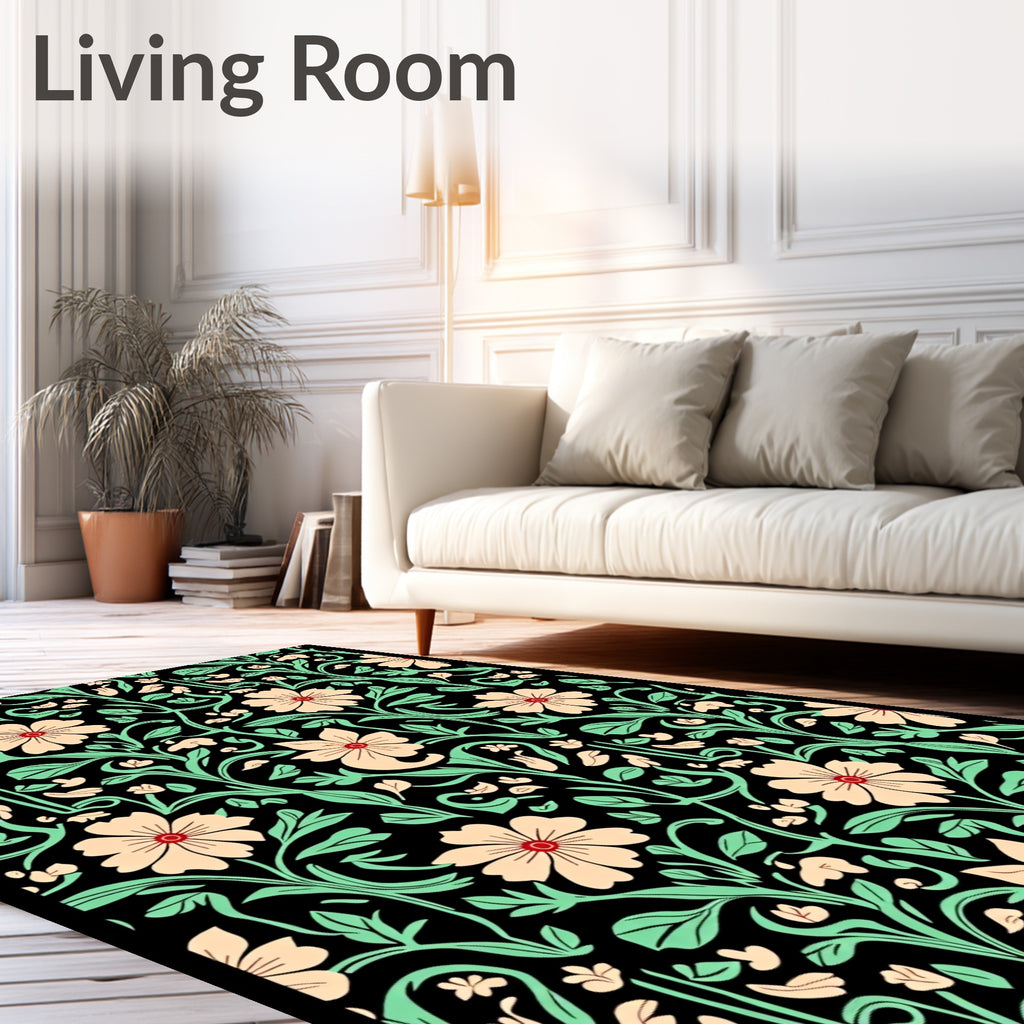 Peach Blossom Vine Black Rug