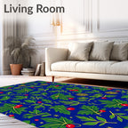 Deep Blue Green Leaf Berry Sprigs Rug