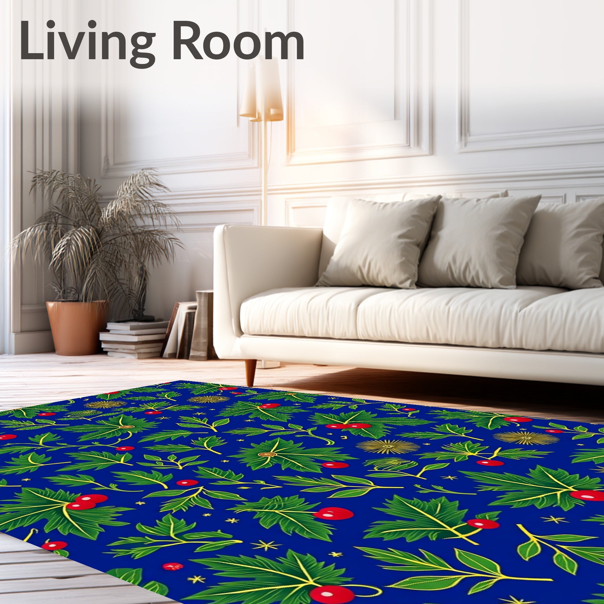 Deep Blue Green Leaf Berry Sprigs Rug