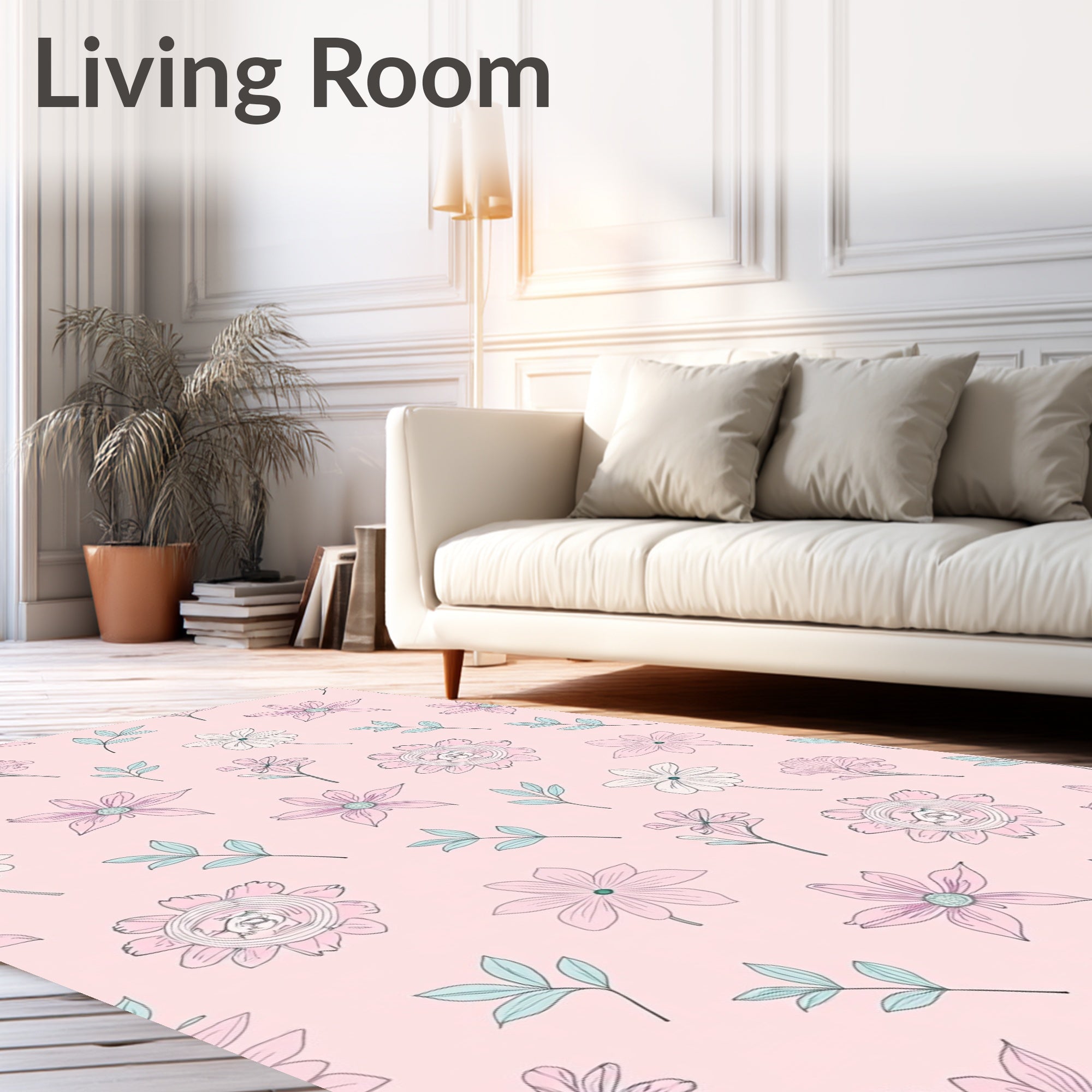Blush Pink Floral Botanical Sketch Rug