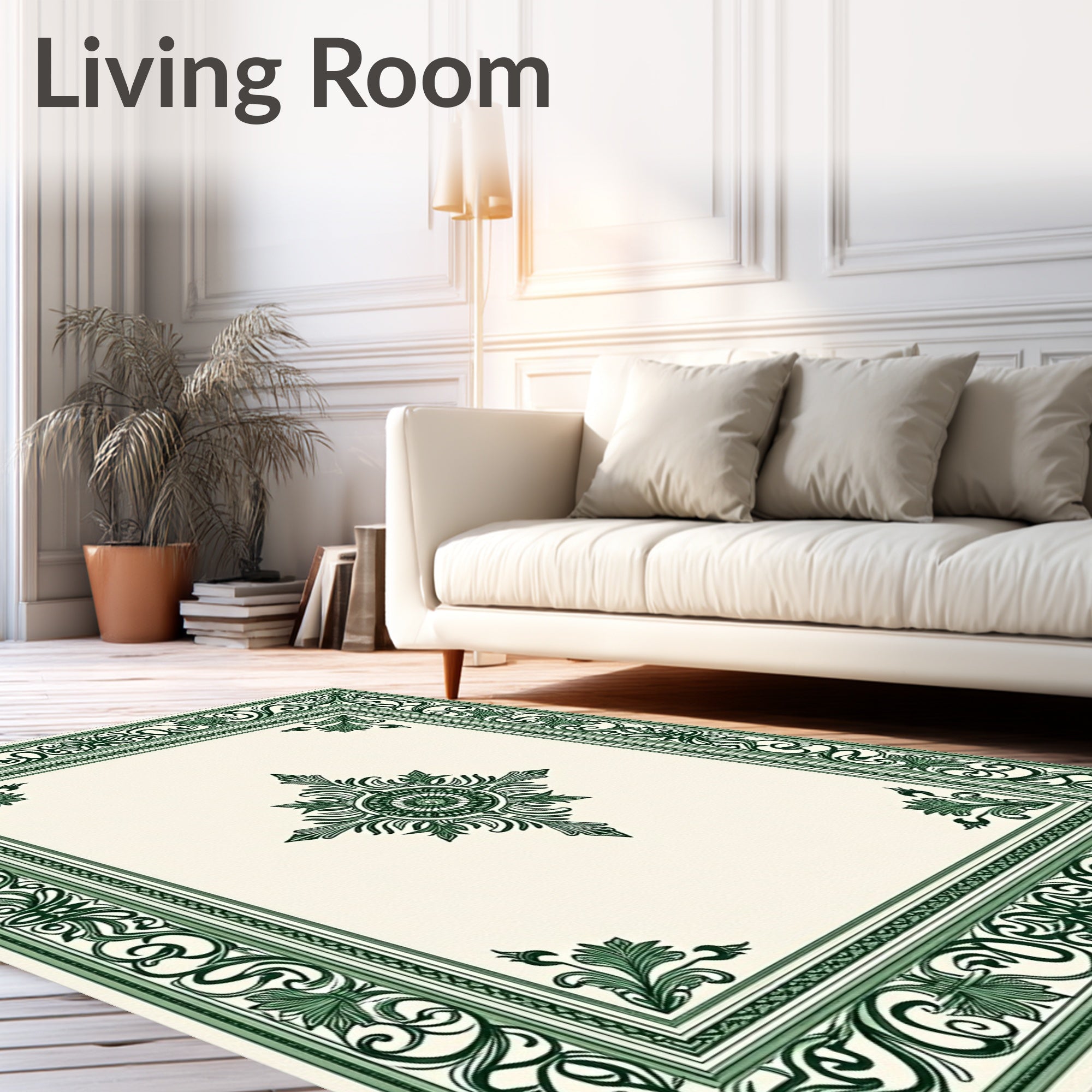 Emerald Green Ornamental Floral Border Rug