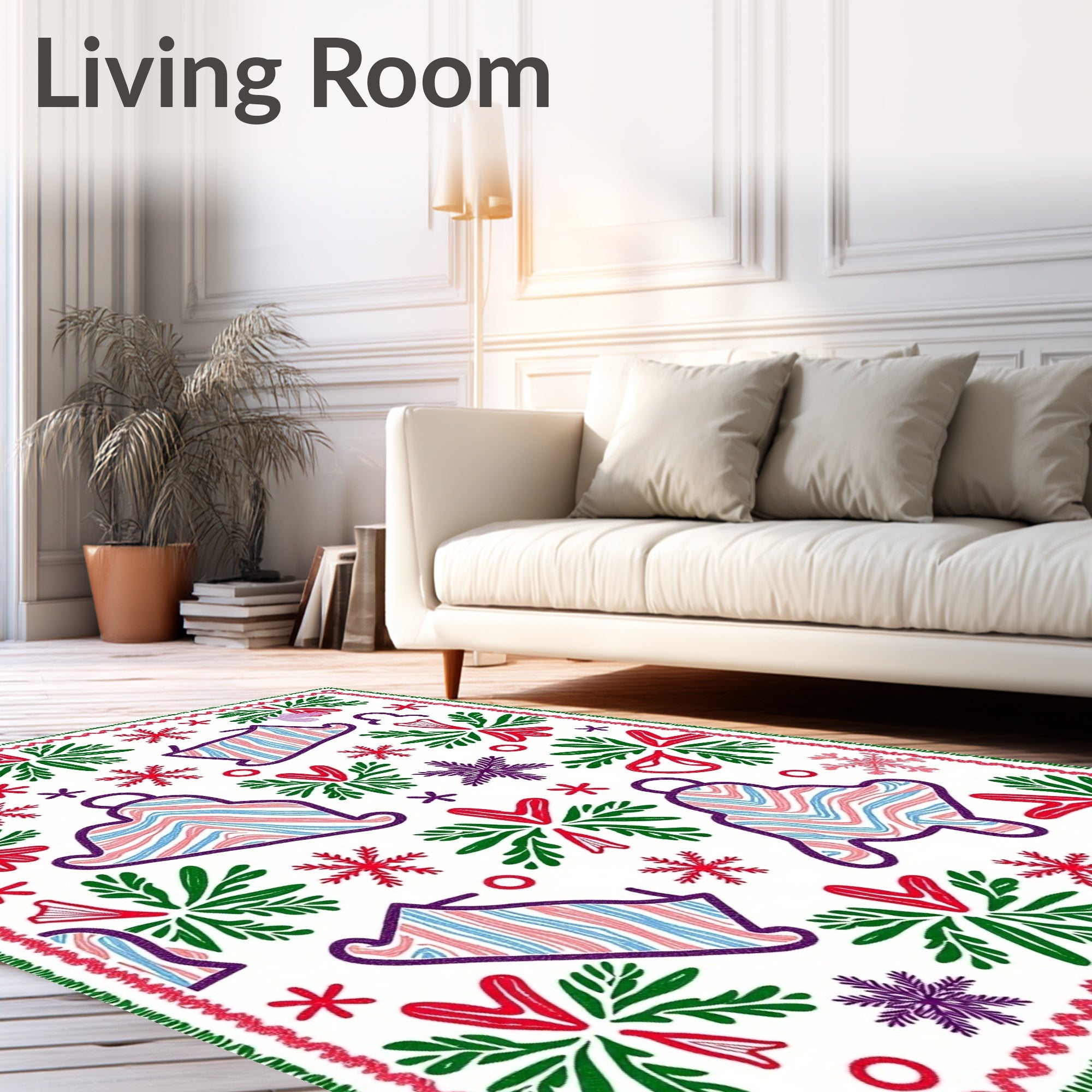 Festive Red Green Bell Snowflake Collage Rug