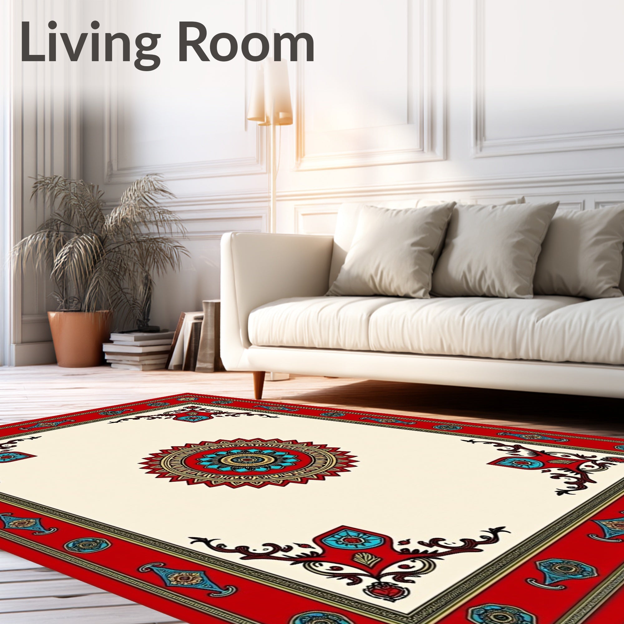 Red Cream Mandala Art Frame Rug