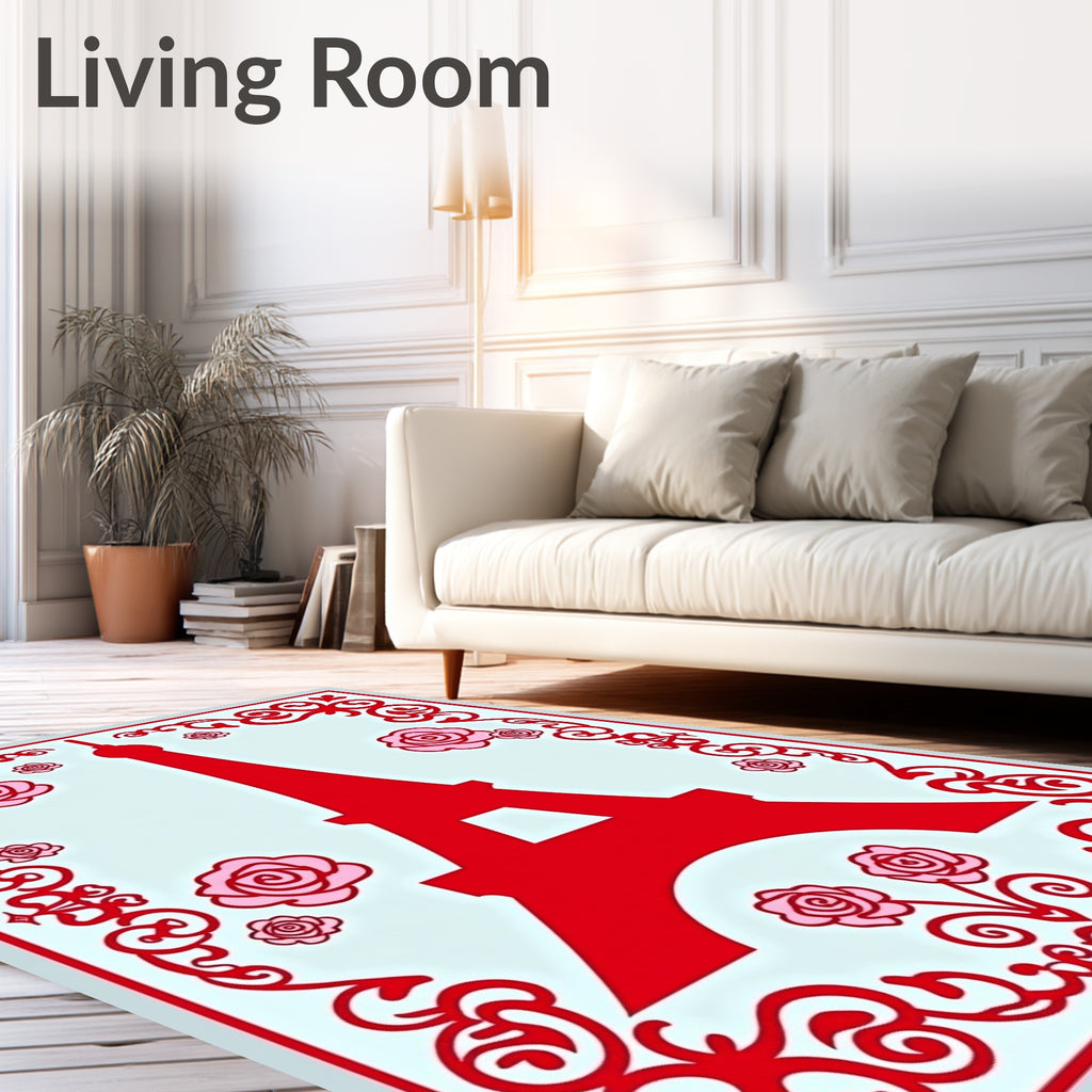 Red Eiffel Tower Pink Roses Border Rug