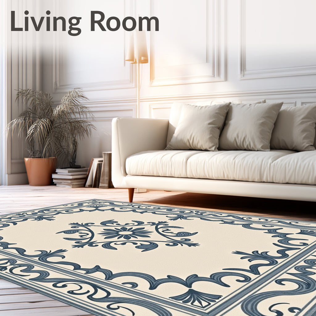 Cream Navy Scroll Medallion Rug