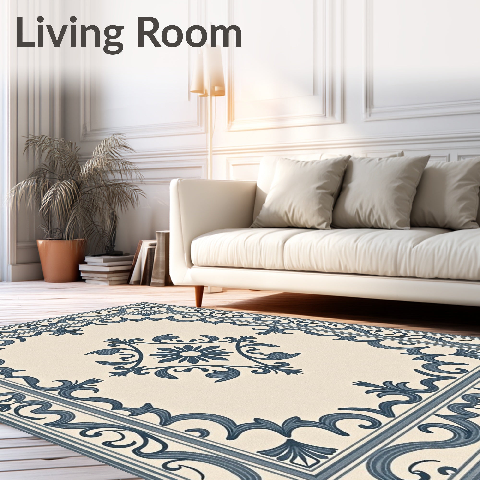 Cream Navy Scroll Medallion Rug
