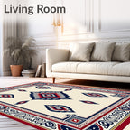 Cream Red Blue Geometric Medallion Rug