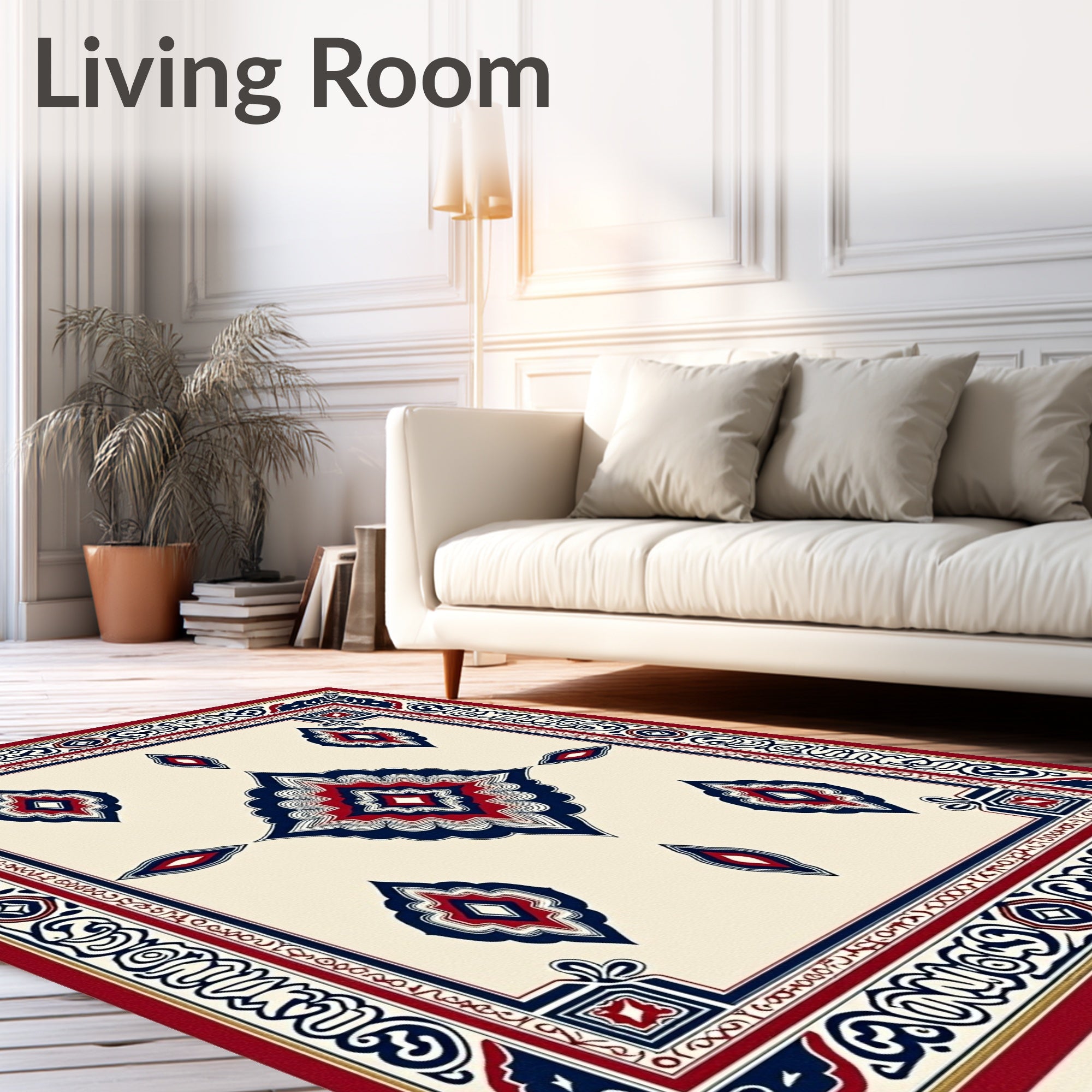 Cream Red Blue Geometric Medallion Rug