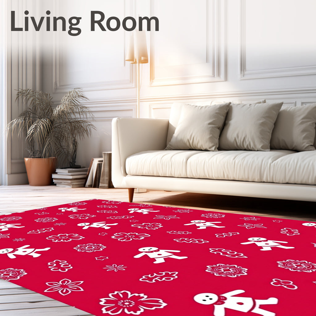 Whimsical Red Gingerbread Flowers Stars Rug