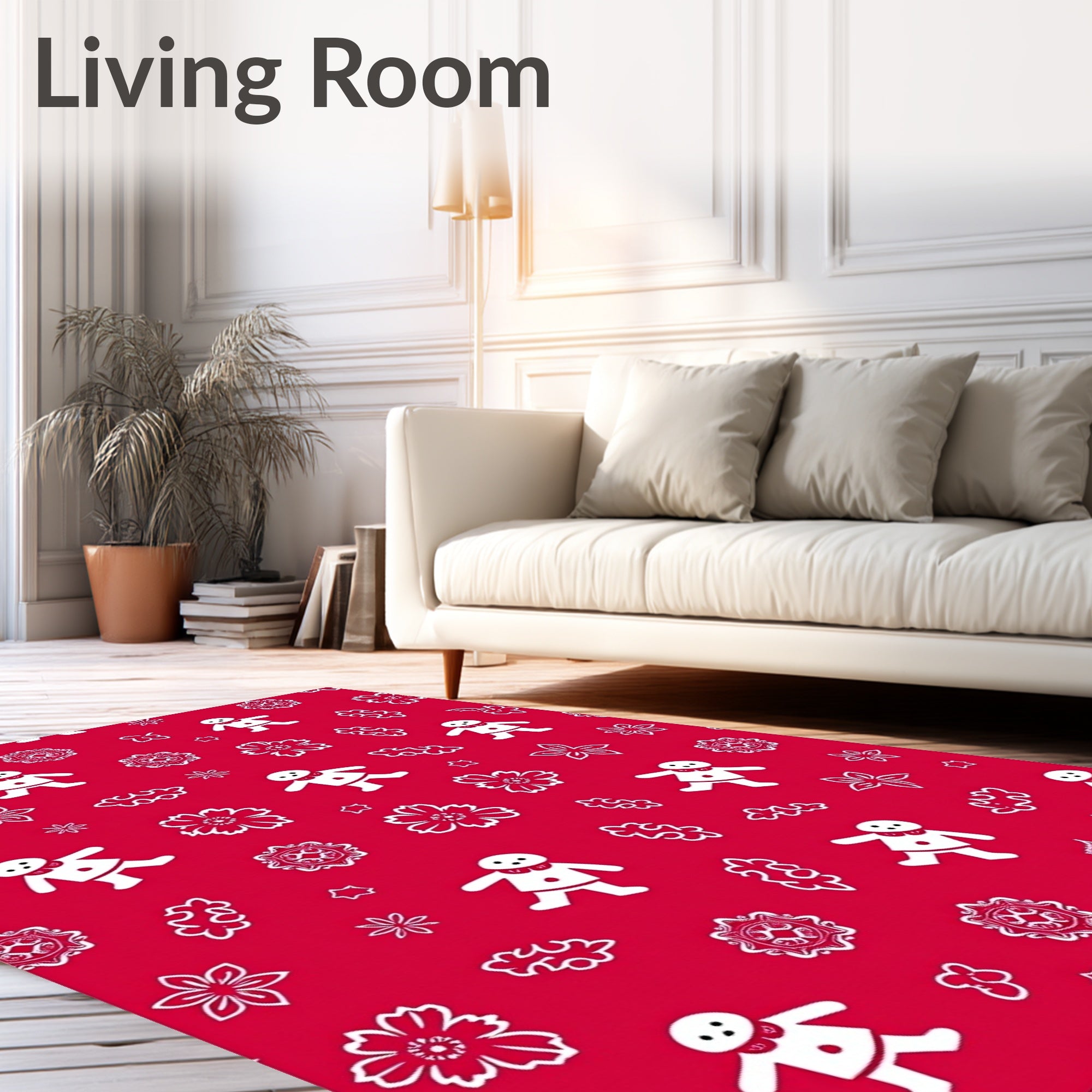 Whimsical Red Gingerbread Flowers Stars Rug