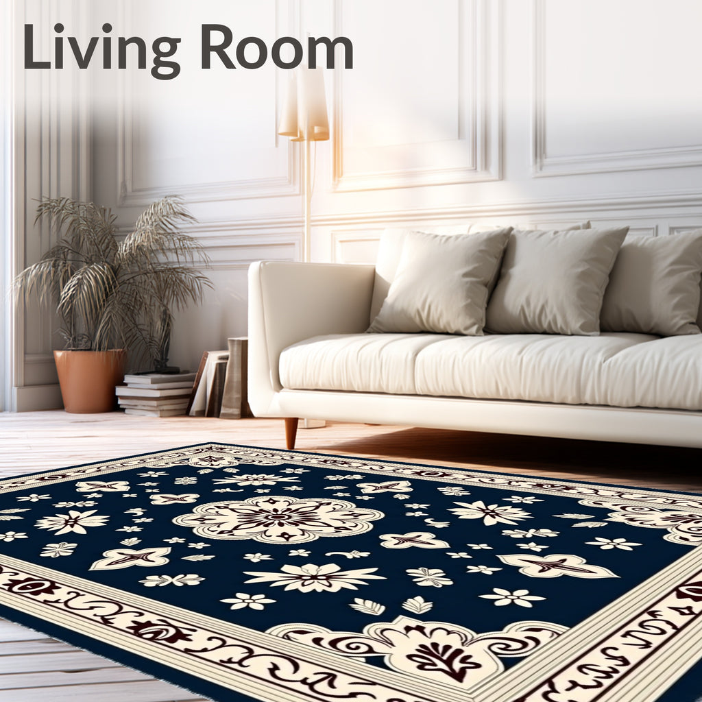 Deep Navy Floral Medallion Border Rug