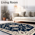 Deep Navy Floral Medallion Border Rug