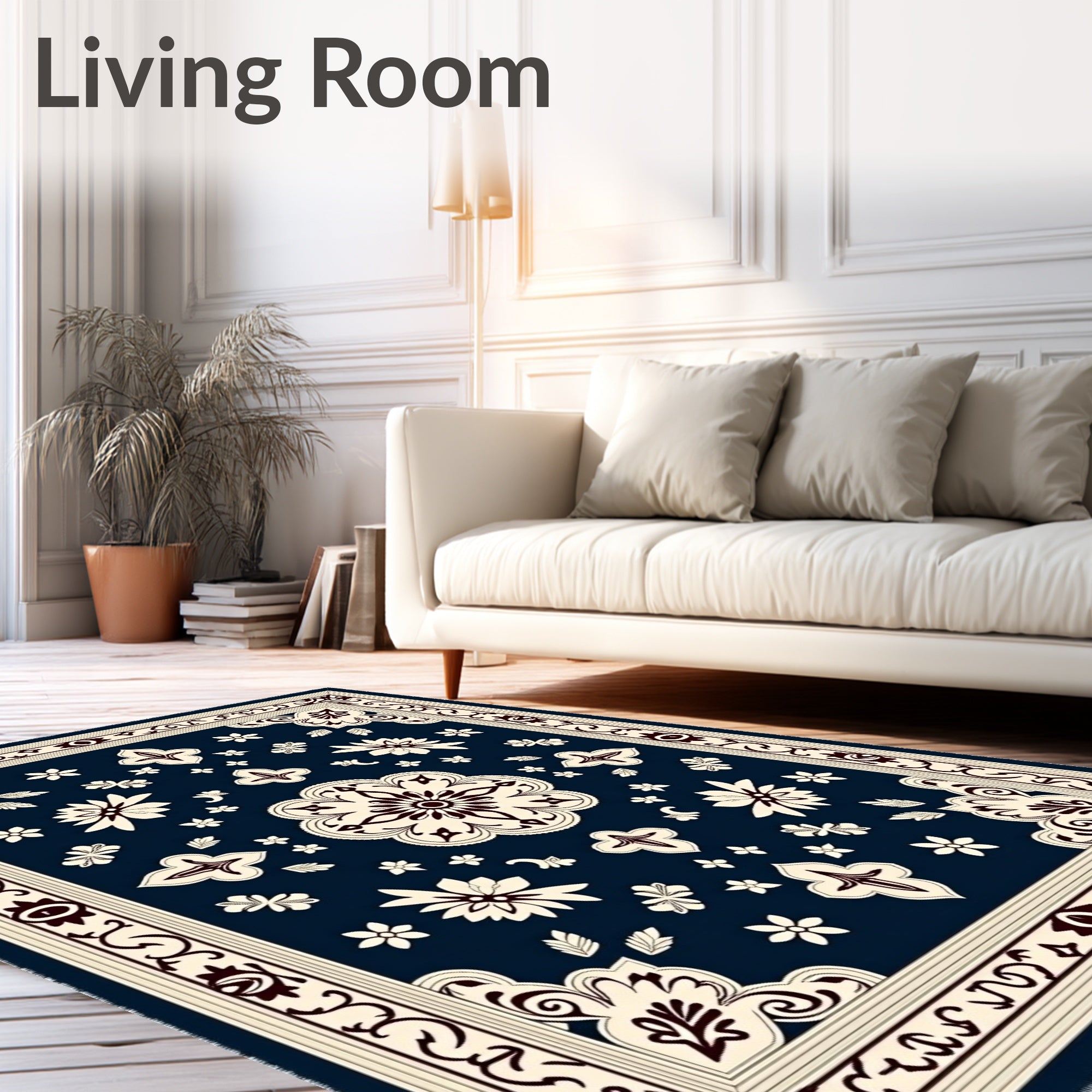 Deep Navy Floral Medallion Border Rug