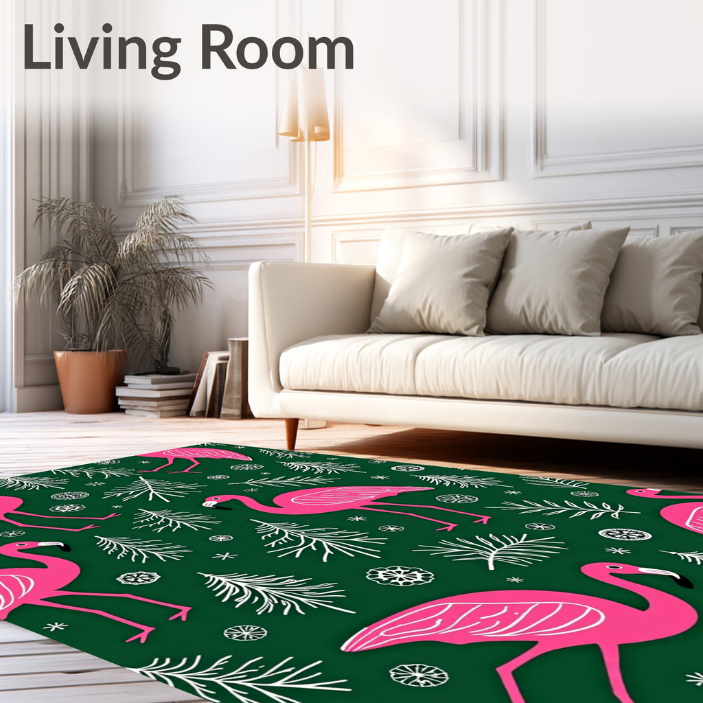 Pink Flamingos Pine Trees Green Rug