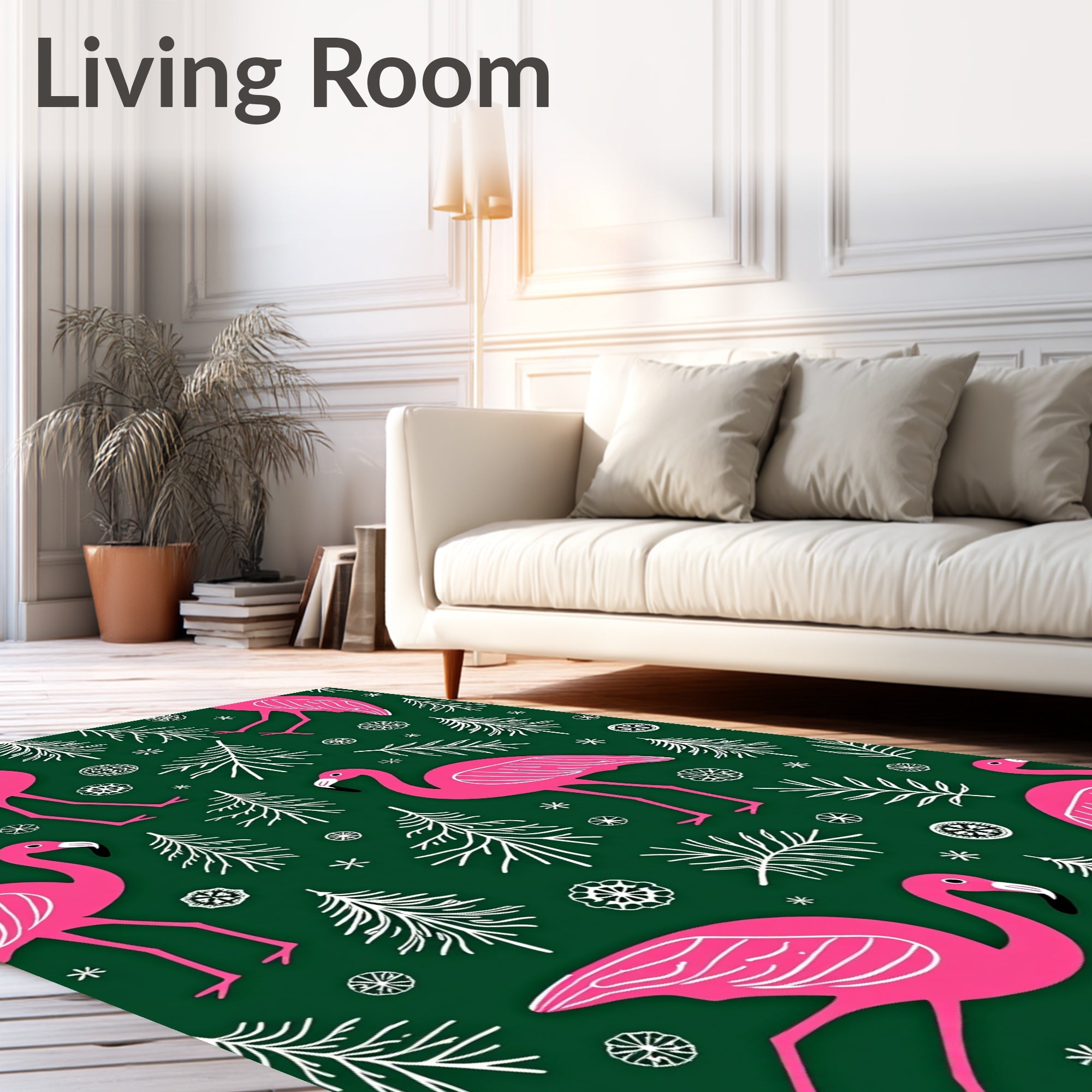 Pink Flamingos Pine Trees Green Rug