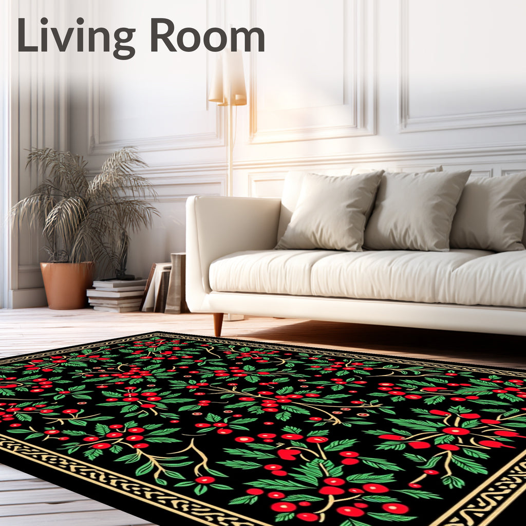 Vintage Black Red Berry Vines Rug