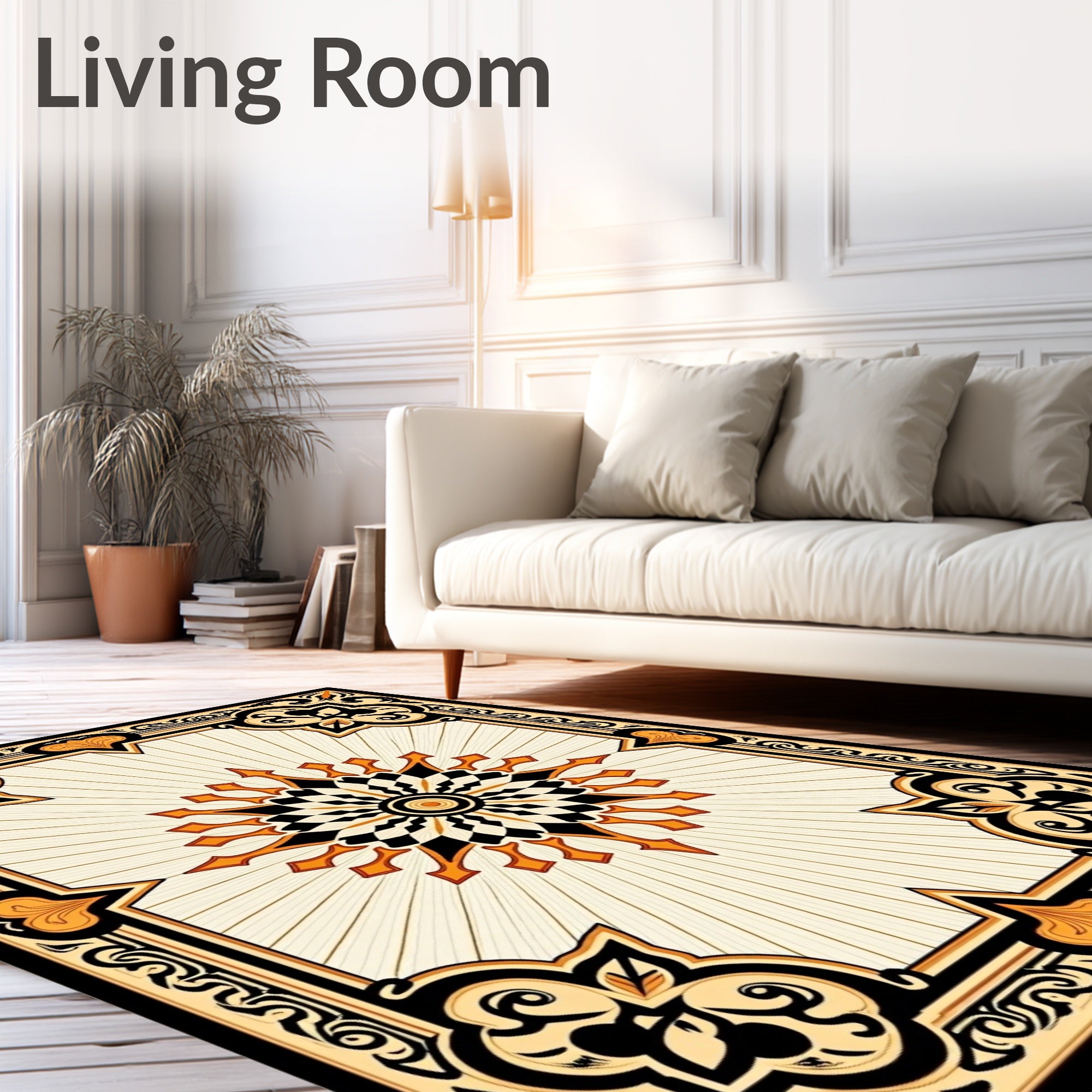 Ornate Black Gold Sunburst Medallion Rug