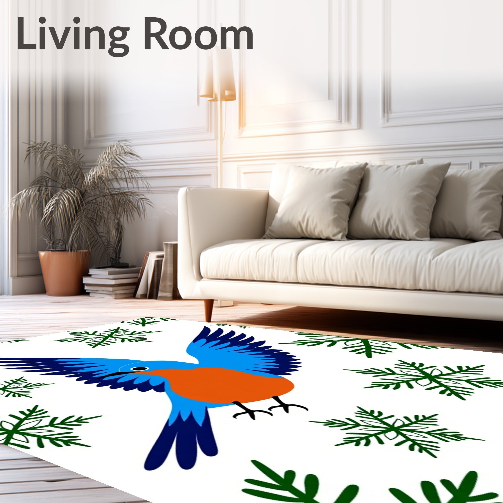 Blue Orange Bird Green Snowflakes Rug
