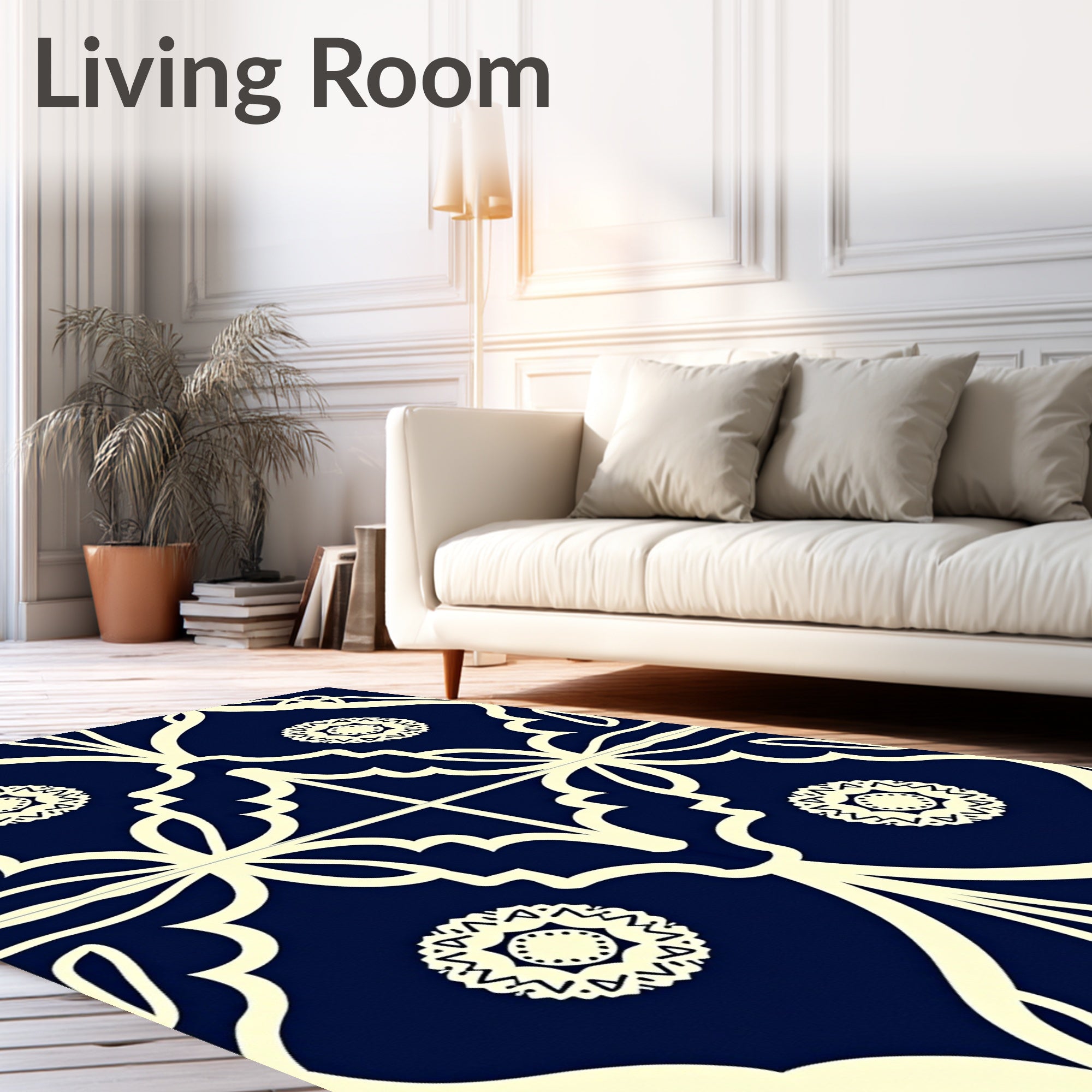 Navy Cream Floral Medallion Lattice Rug
