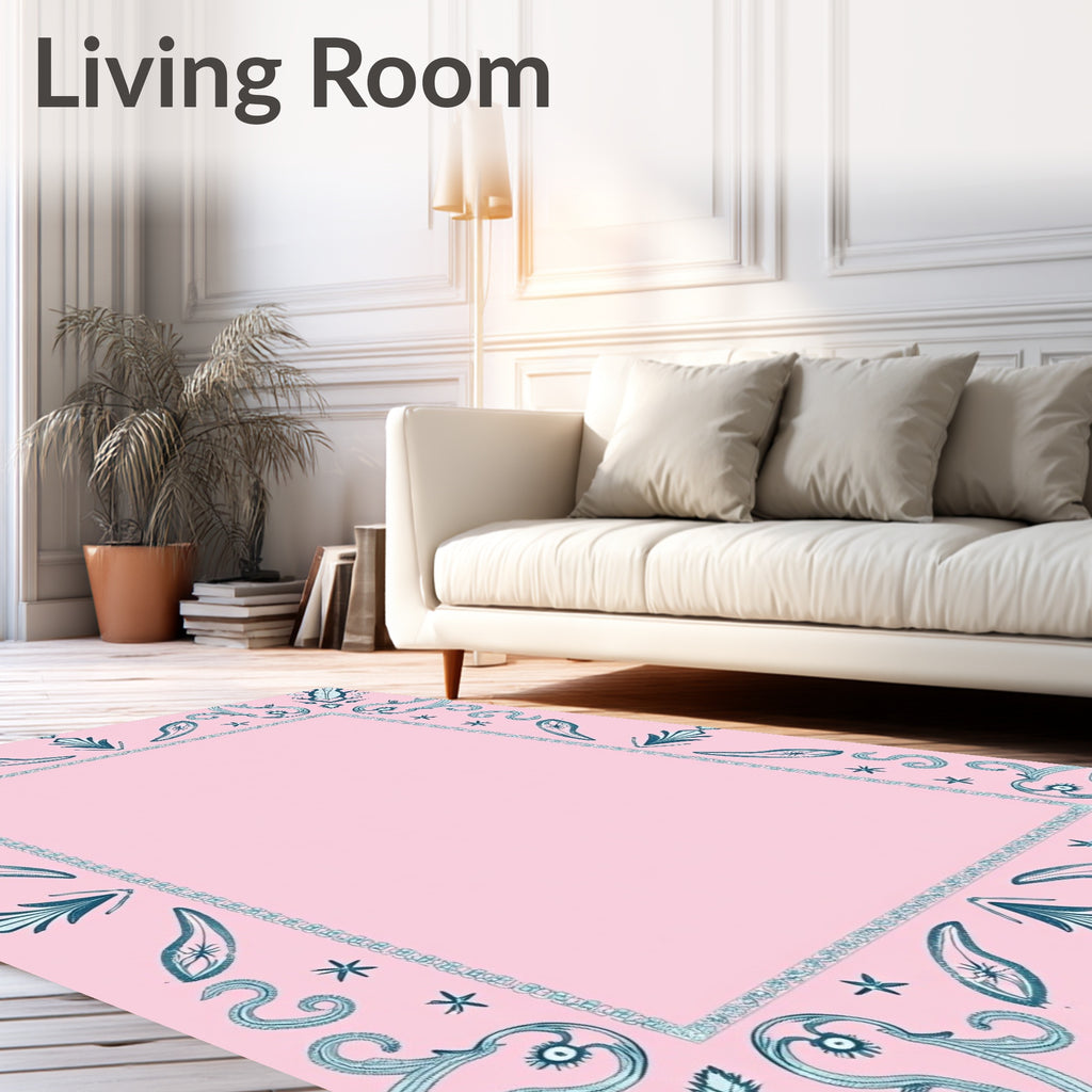 Soft Pink Teal Whimsical Border Rug