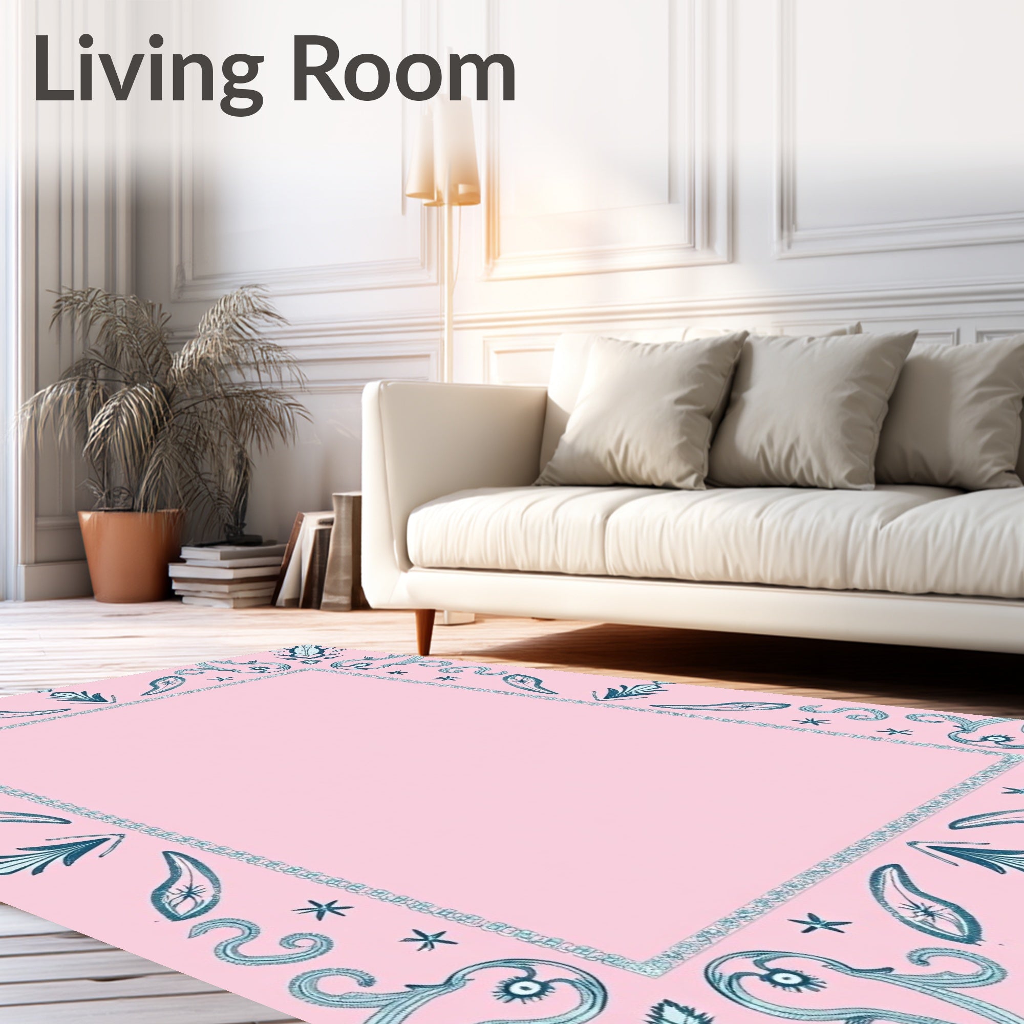 Soft Pink Teal Whimsical Border Rug