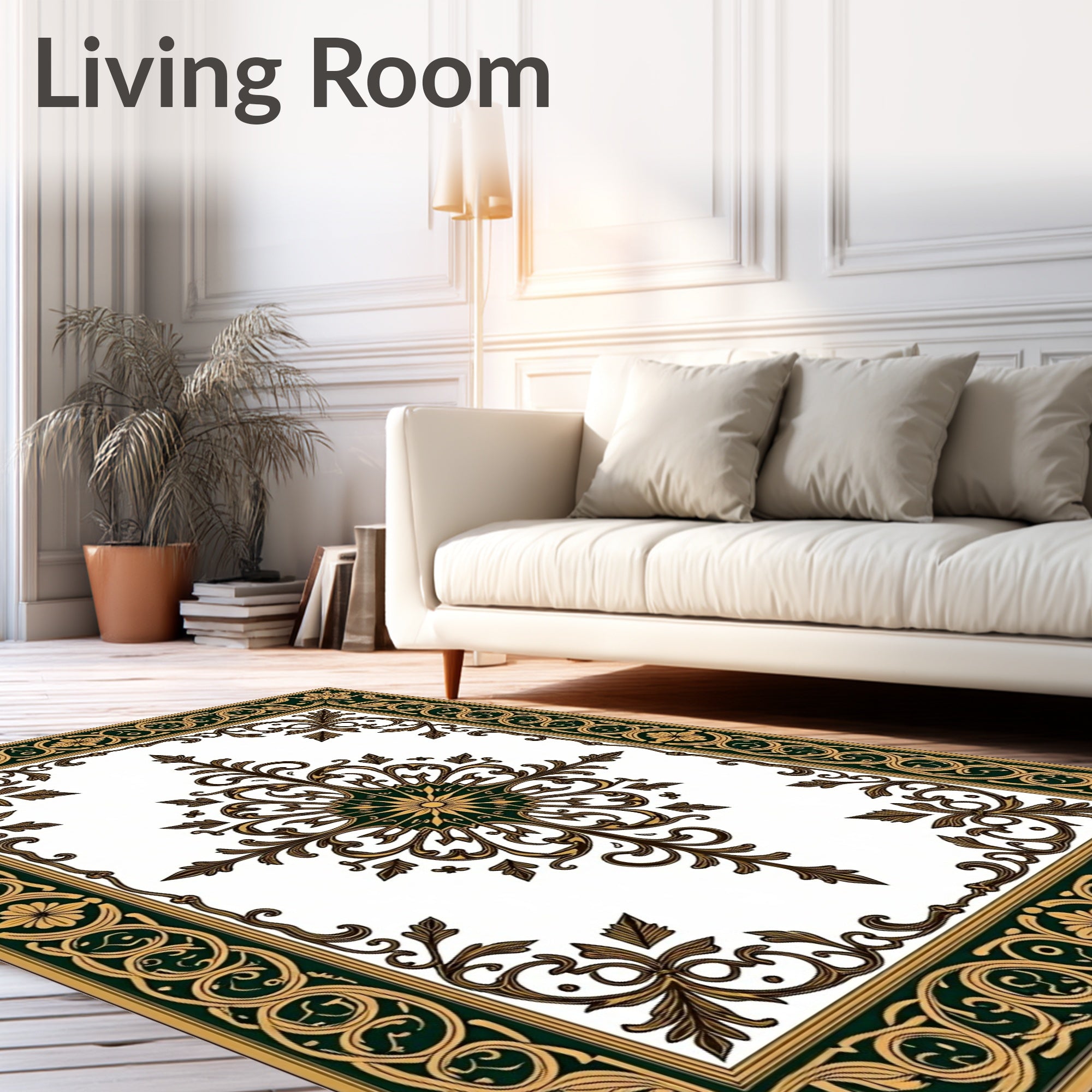 Elegant Gold Green Floral Scroll Rug