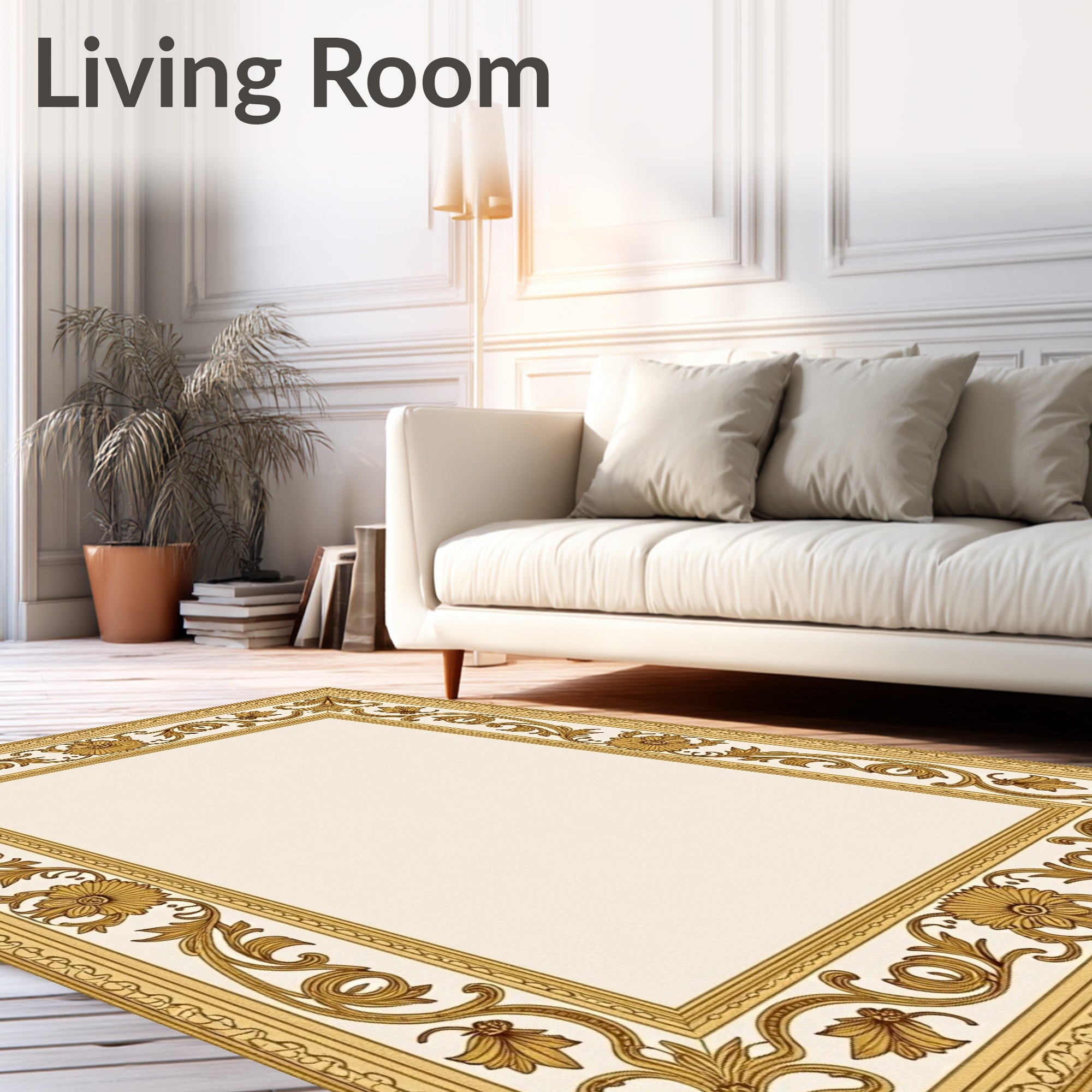 Golden Baroque Floral Scroll Frame Rug