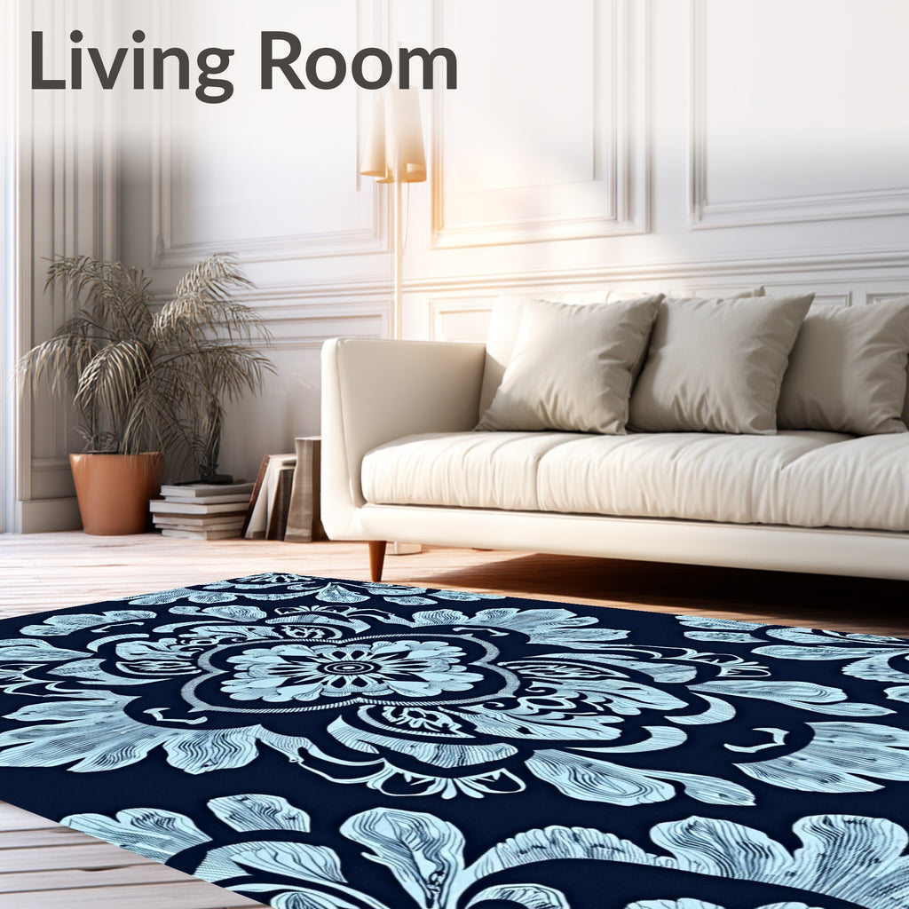 Light Blue Floral Damask Navy Rug