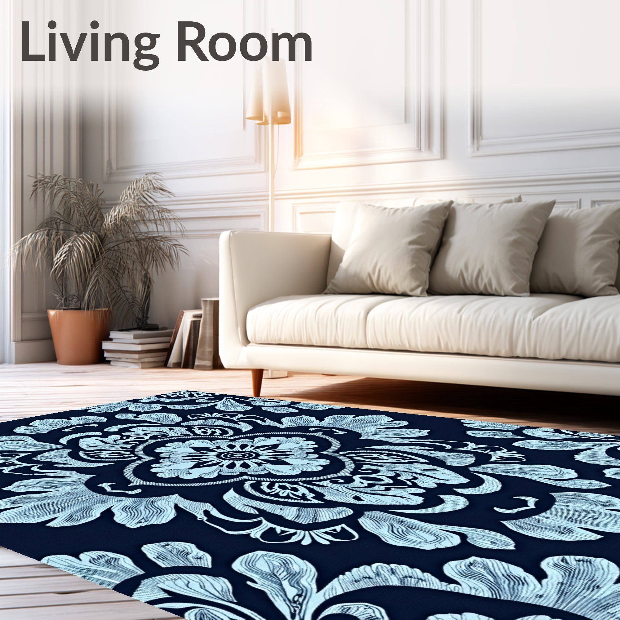 Light Blue Floral Damask Navy Rug