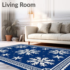 Deep Blue Winter Snowflakes Border Rug