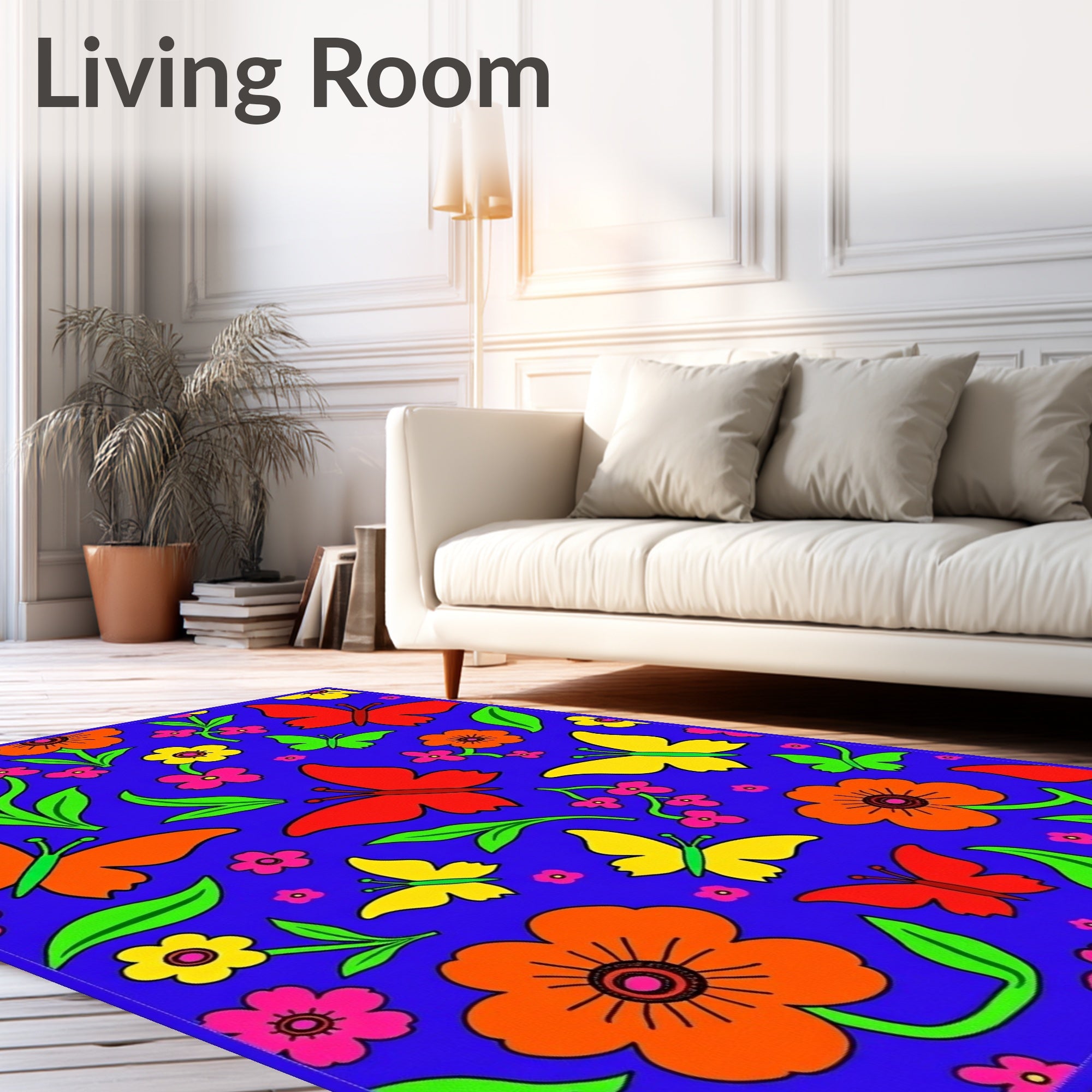 Vibrant Blue Butterfly Floral Garden Rug
