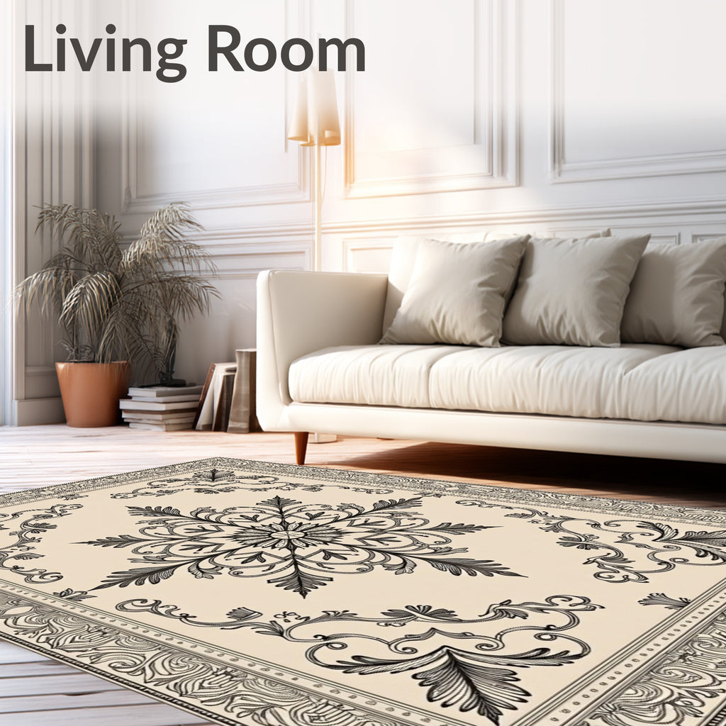 Classical Black and Cream Floral Medallion Rug