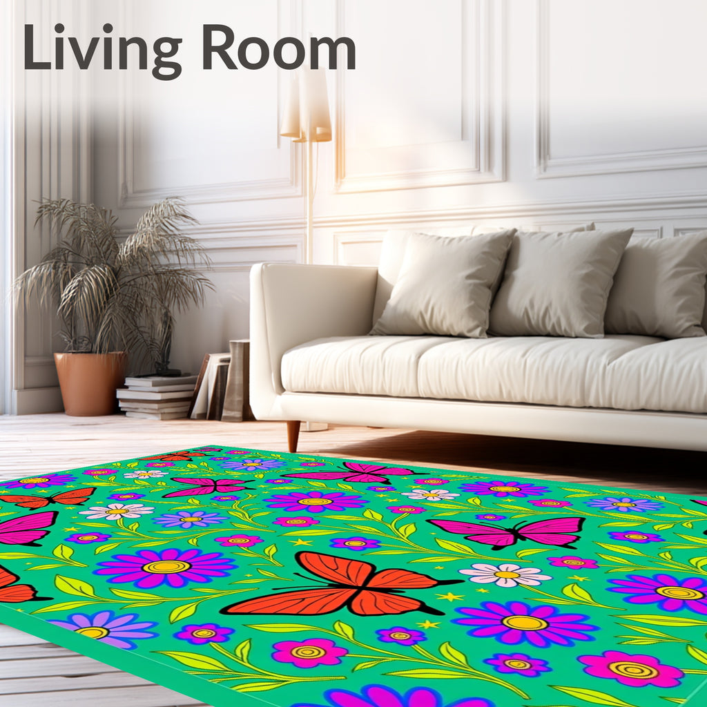Vivid Pink Orange Butterfly Floral Medley Rug