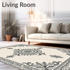 Ornate Black White Floral Border Rug