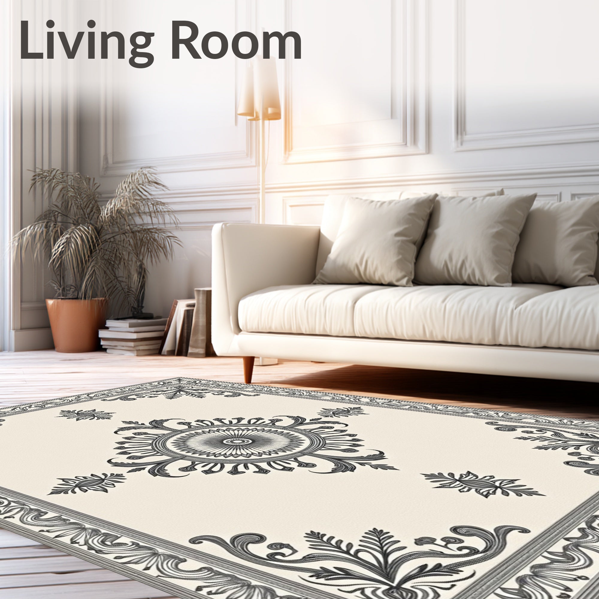 Ornate Black White Floral Border Rug