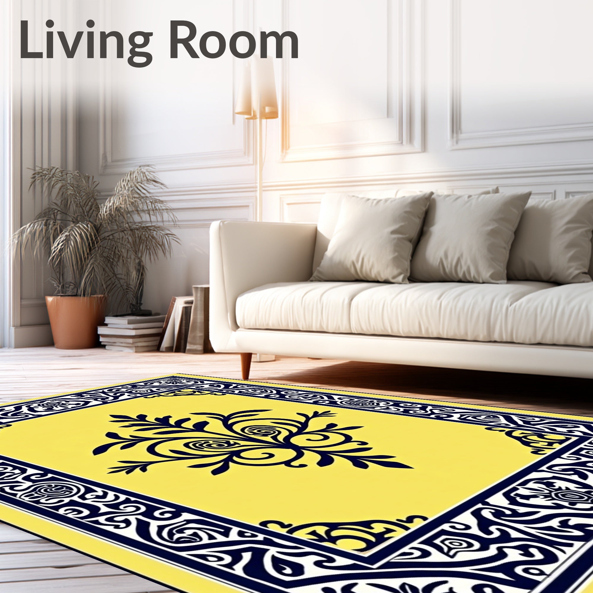 Vibrant Yellow Dark Blue Floral Frame Rug
