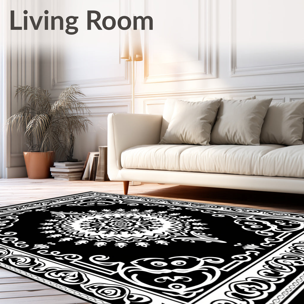 Black White Mandala Floral Border Rug
