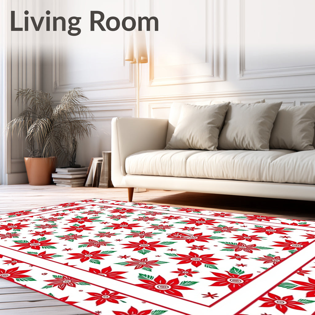 Festive Red Poinsettia Floral Border Rug