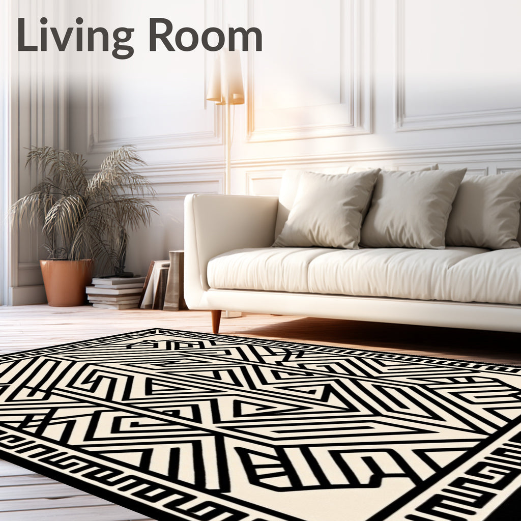 Cream and Black Geometric Tribal Rug