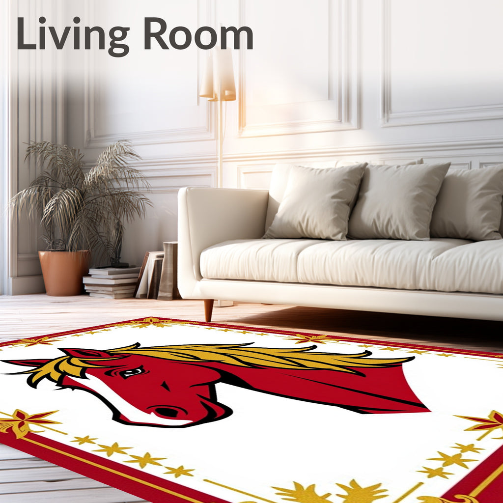 Bold Red Horse Gold Embellished Border Rug