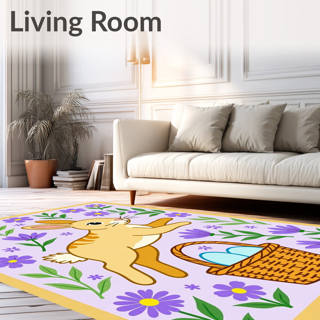 Jumping Rabbit with Purple Floral Basket Rug