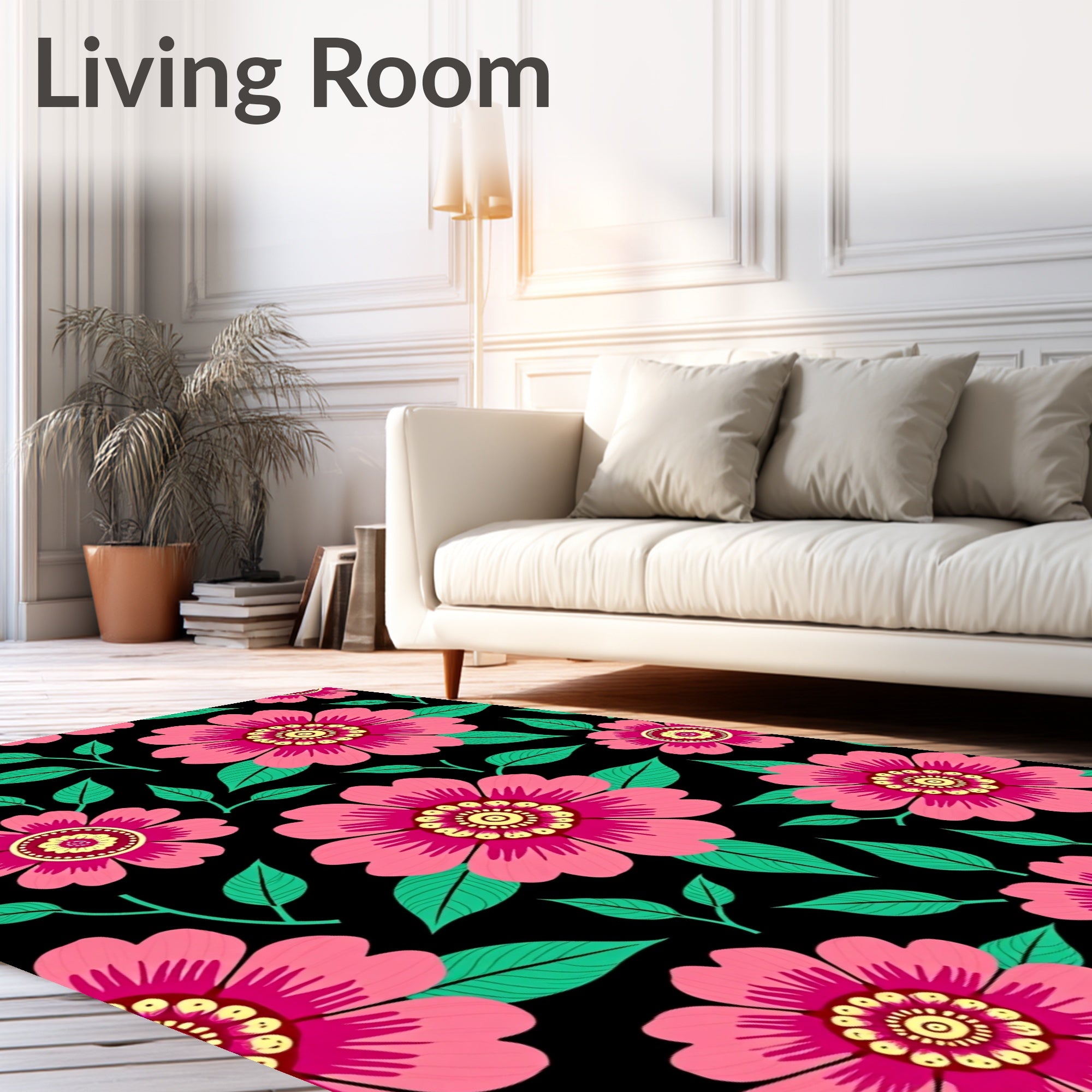 Vibrant Pink Floral Black Botanical Rug