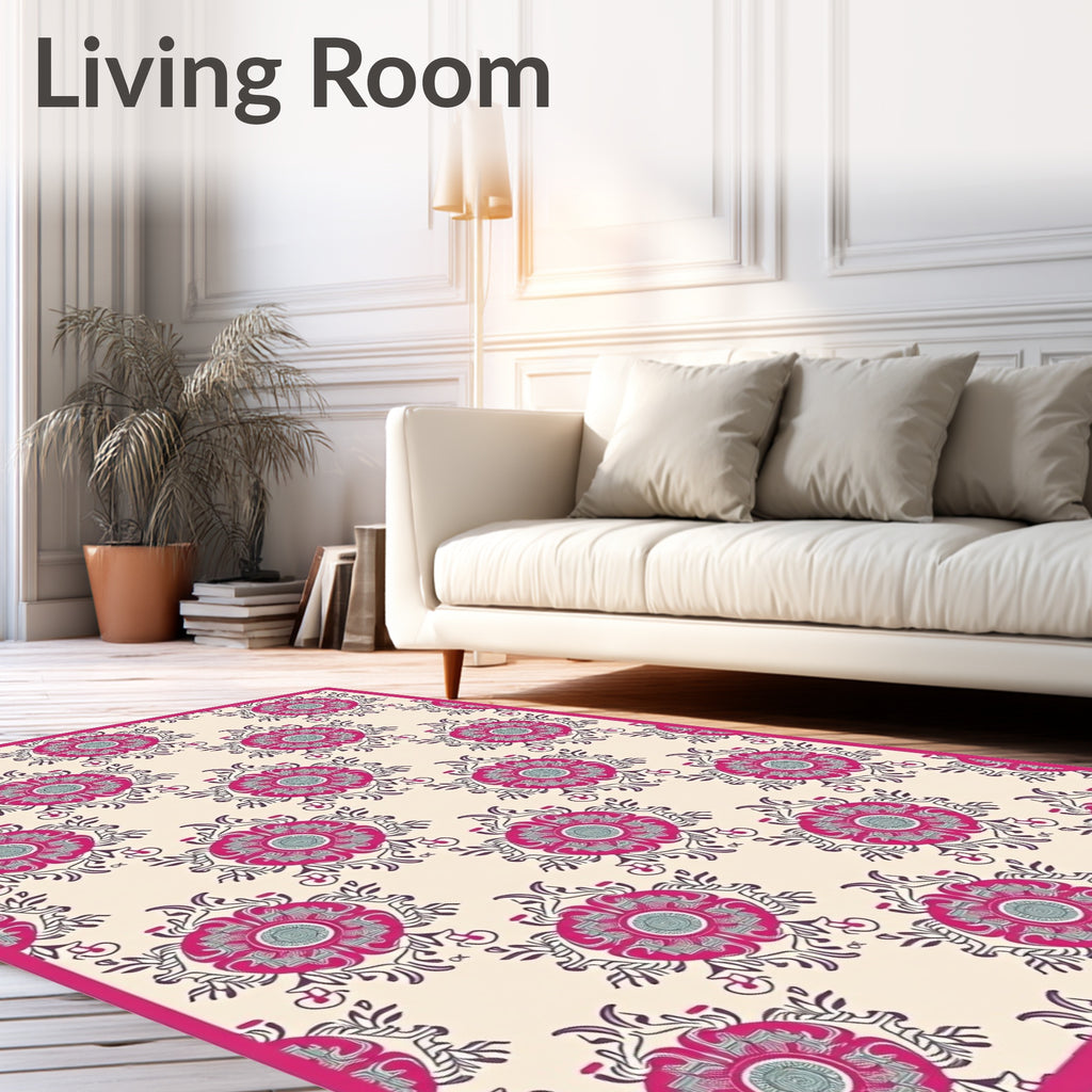 Fuchsia Floral Medallion Cream Rug