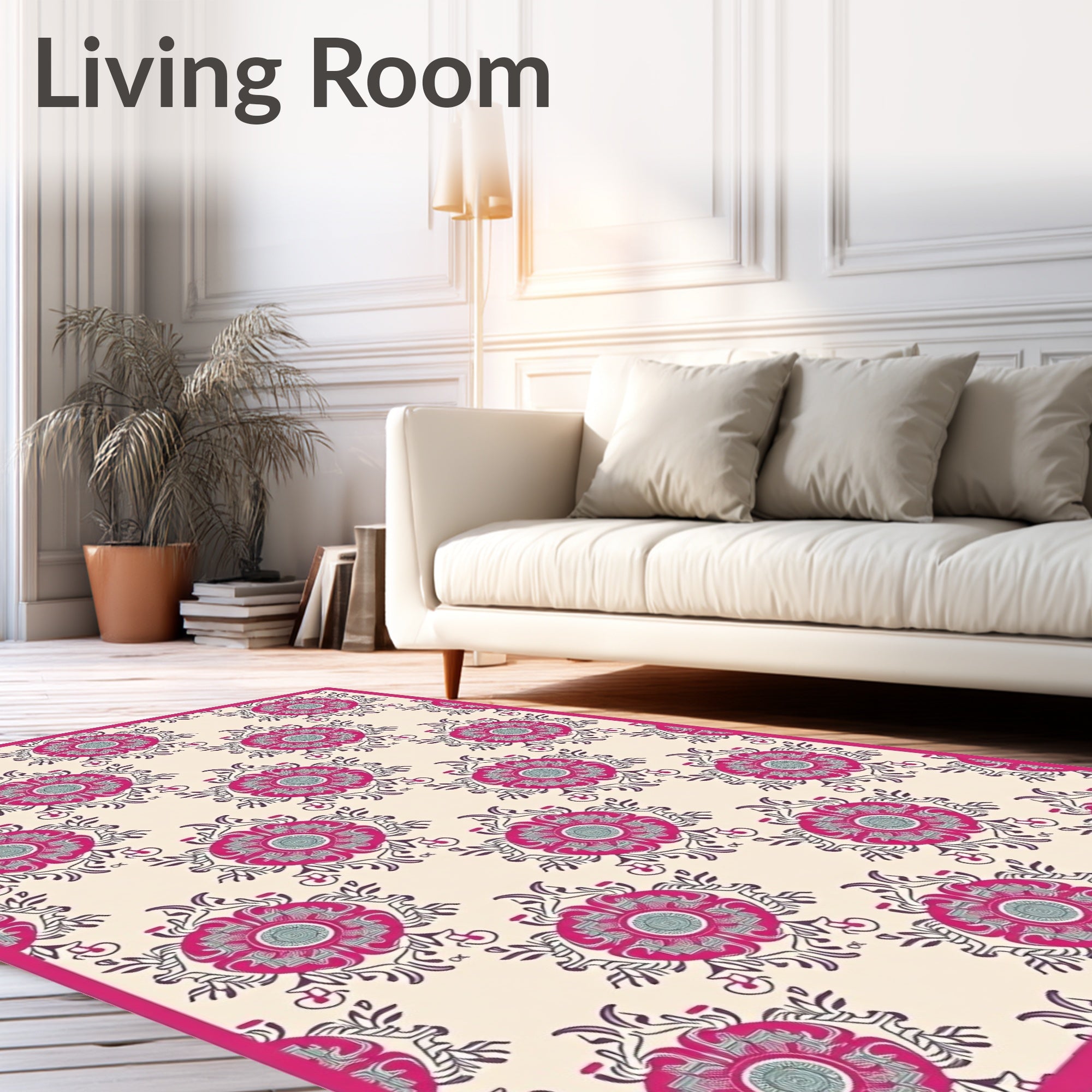 Fuchsia Floral Medallion Cream Rug