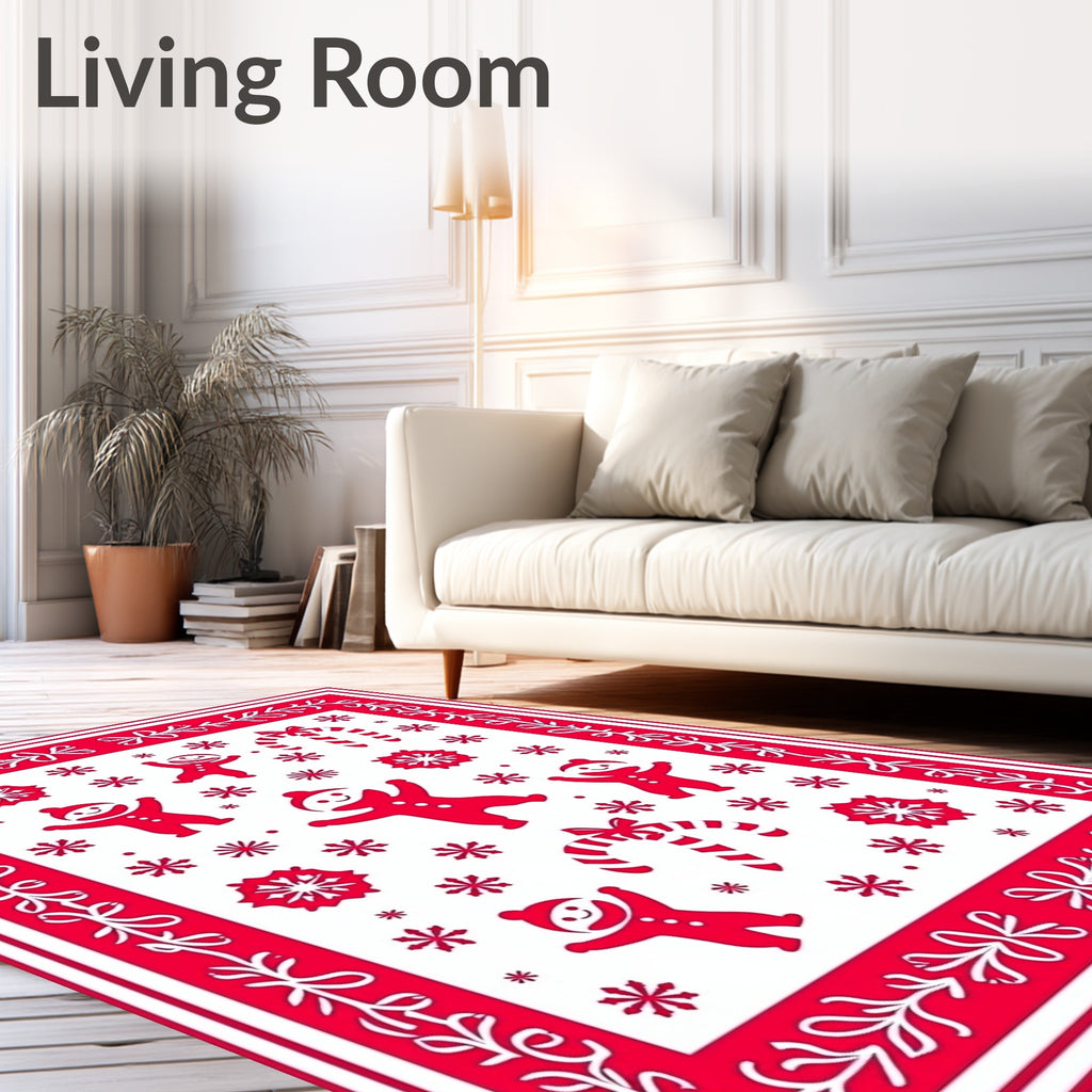 Red Gingerbread Candy Cane Snowflakes Rug