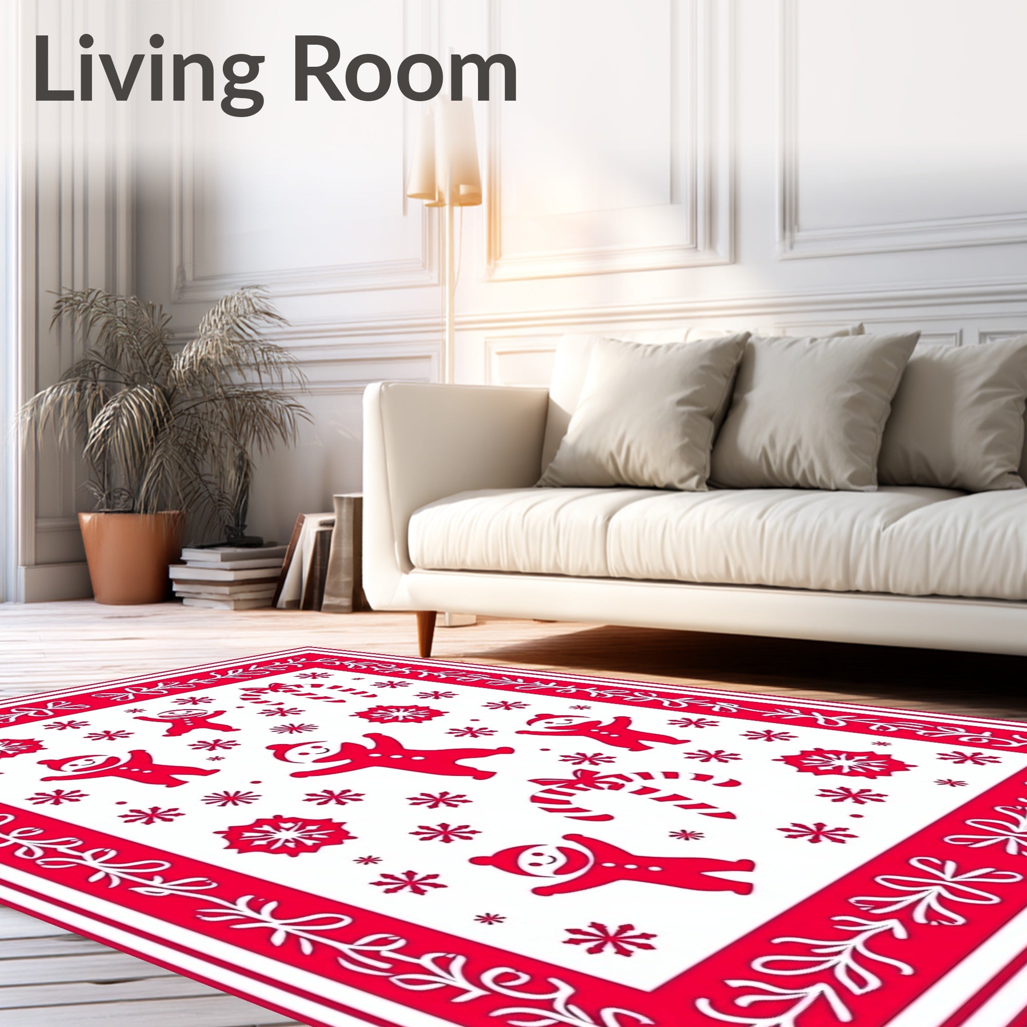 Red Gingerbread Candy Cane Snowflakes Rug